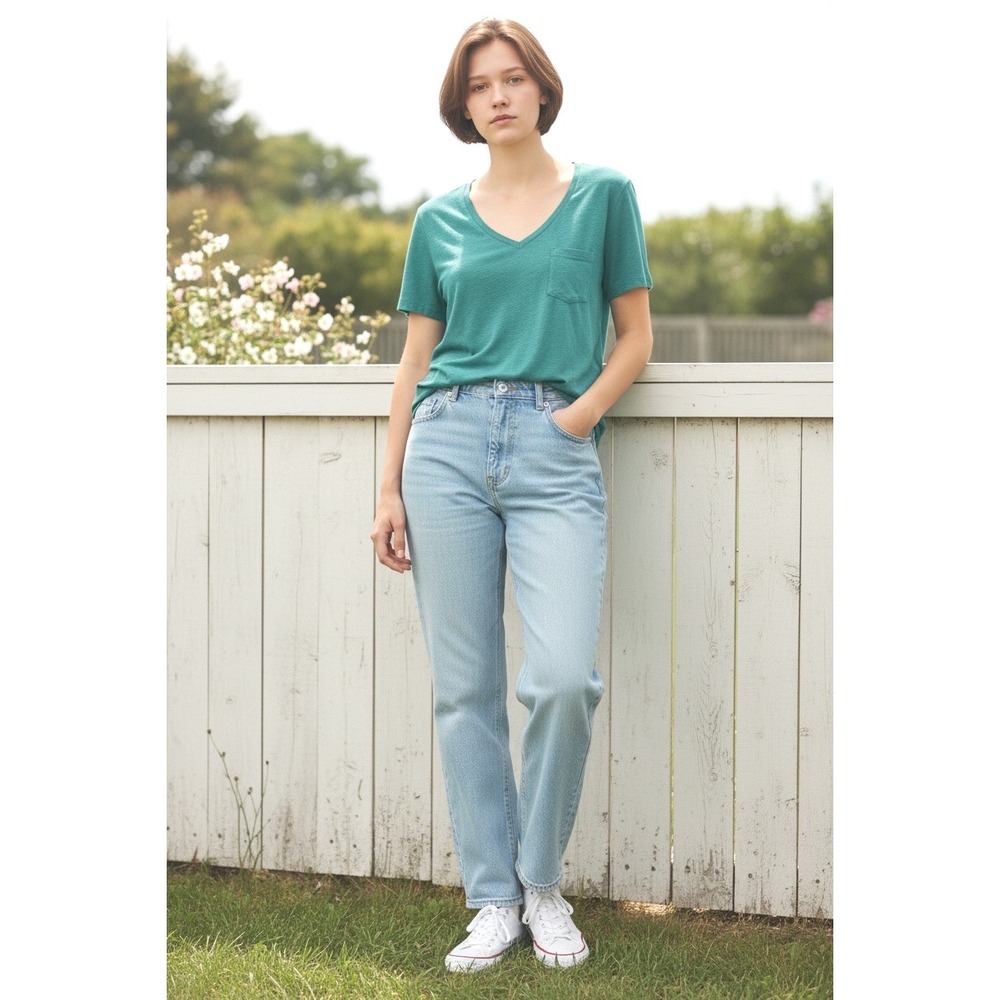 J.Crew Womens Linen V-Neck Tee Green Short Sleeve Pocket T-Shirt L Coastal